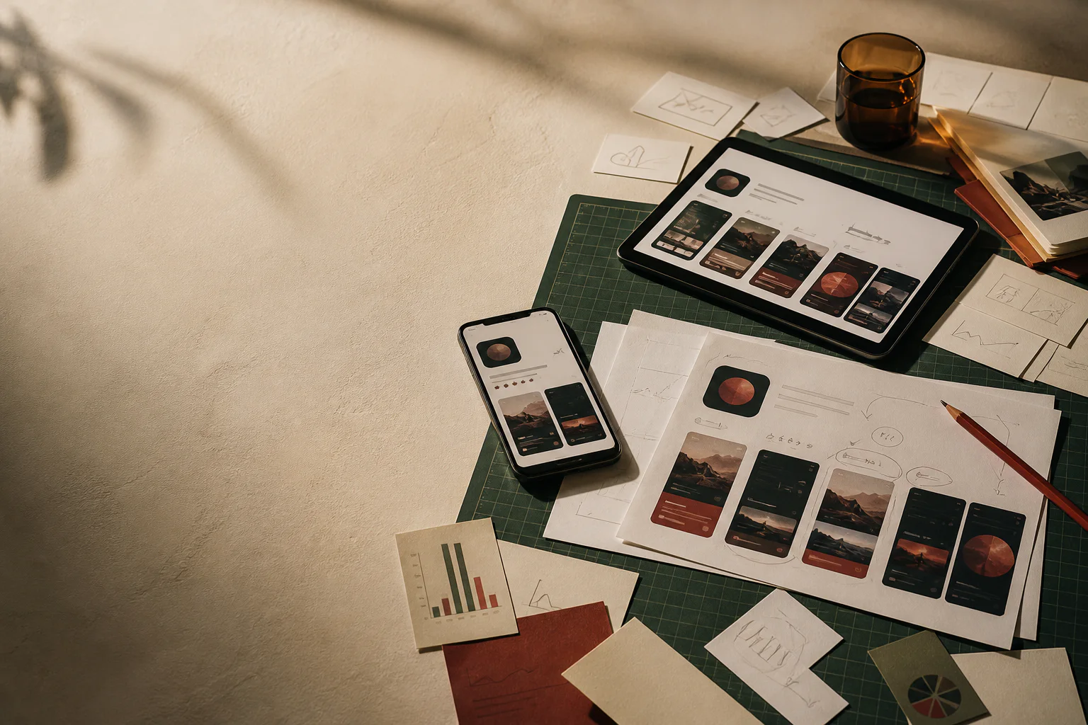 Editorial worktable with smartphone, tablet and App Store Optimization material