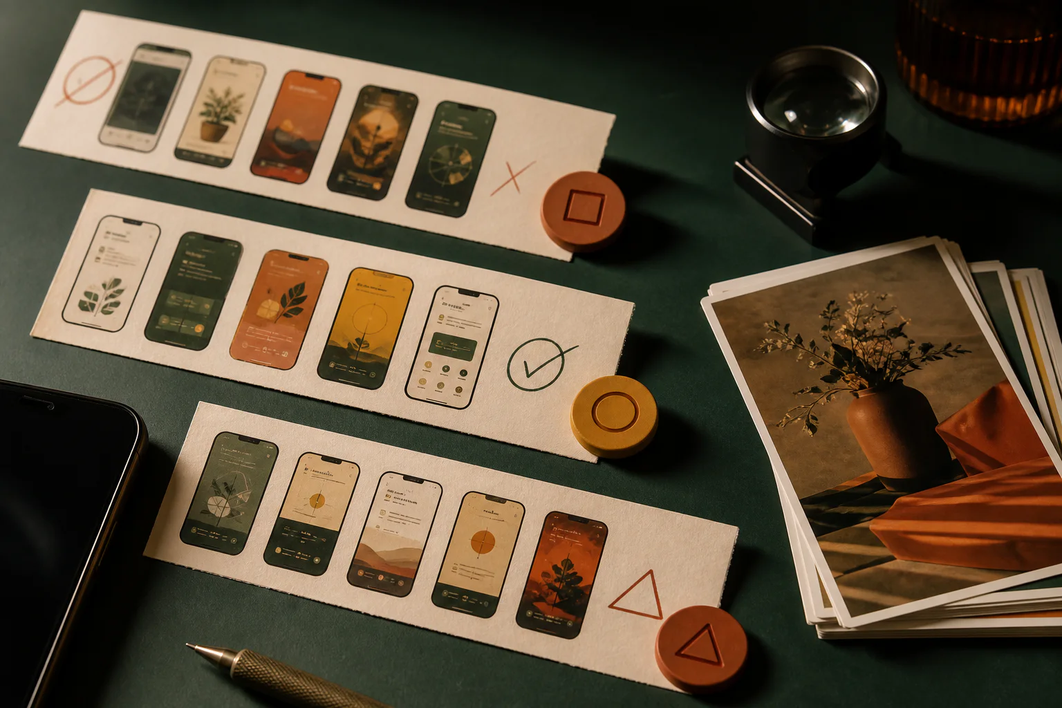 Comparison of several app screenshot sequences on a dark studio table
