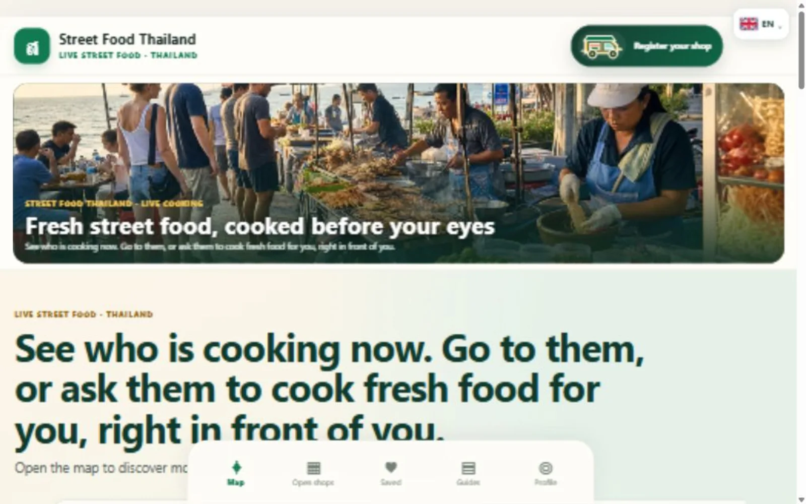 Aktuelle Street Food Thailand Oberfläche mit Produkt- und Marktplatzlogik