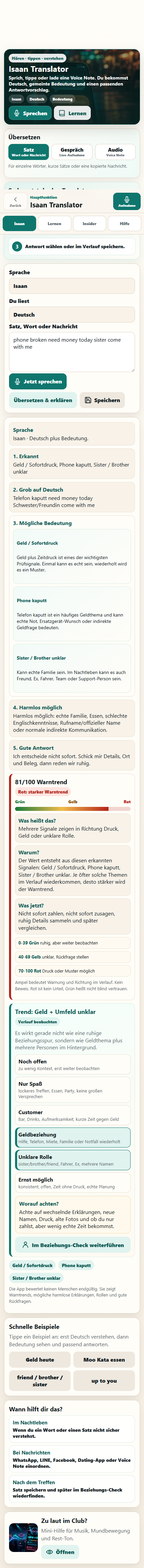 Mobiles Übersetzungsergebnis der Isaan-Sprach-App